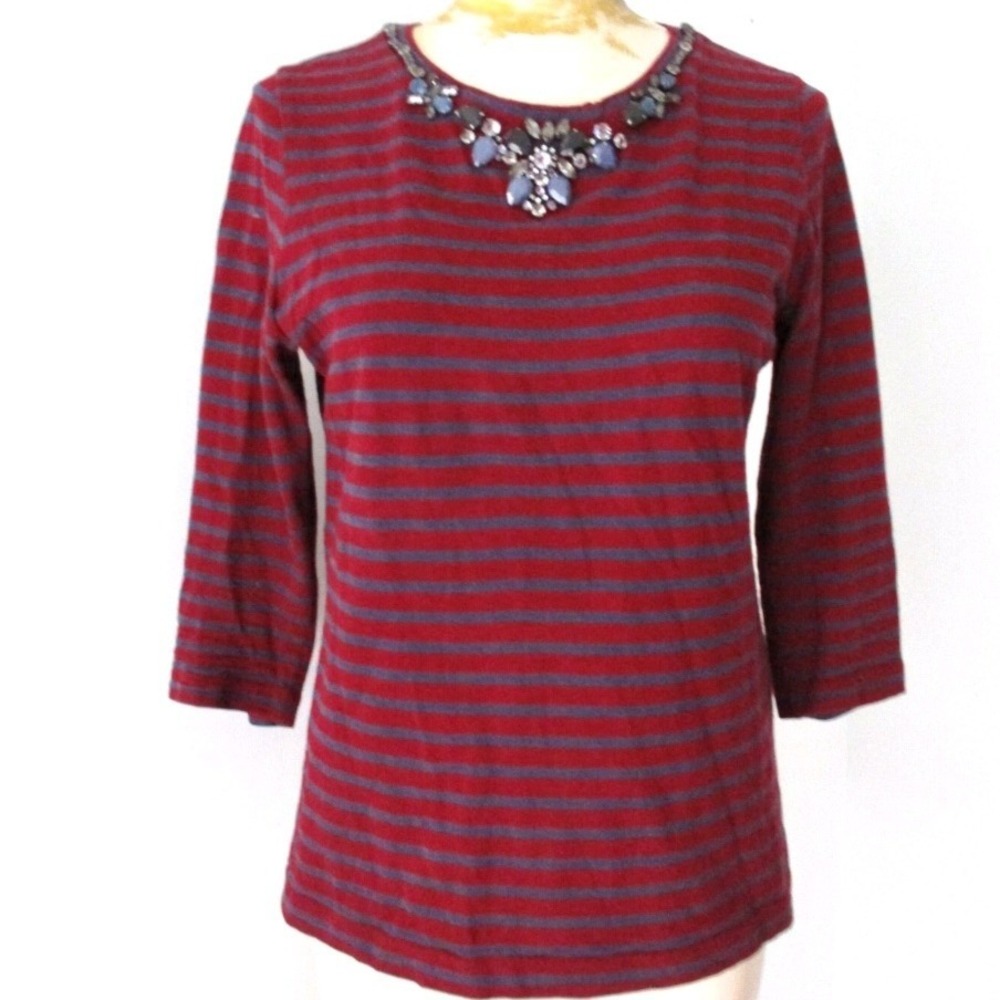 J.Crew Women Burgundy Navy Striped Embellished Jeweled Neck 3/4 Sleeve Top XS